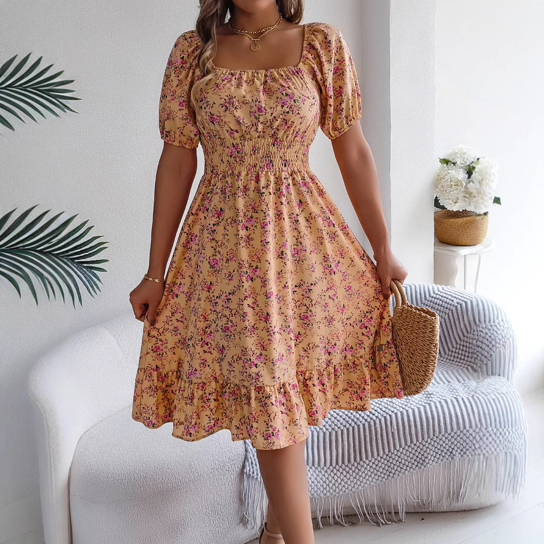 Robe à volants et col carré fleuri pour femme