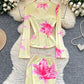 Sheer Alluring Cutout V-Neck Split-Edge Long-Sleeve Printed Top And Skirt Set
