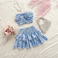 Blue Printing Tube Top Short Skirt Suit