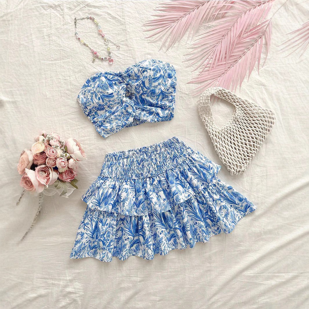 Blue Printing Tube Top Short Skirt Suit