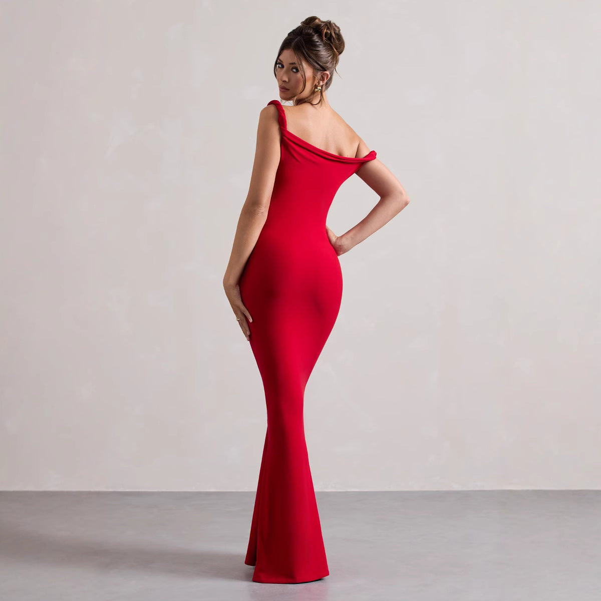 Womens One-Shoulder Slim-Fit Sheath Solid-Color Dress