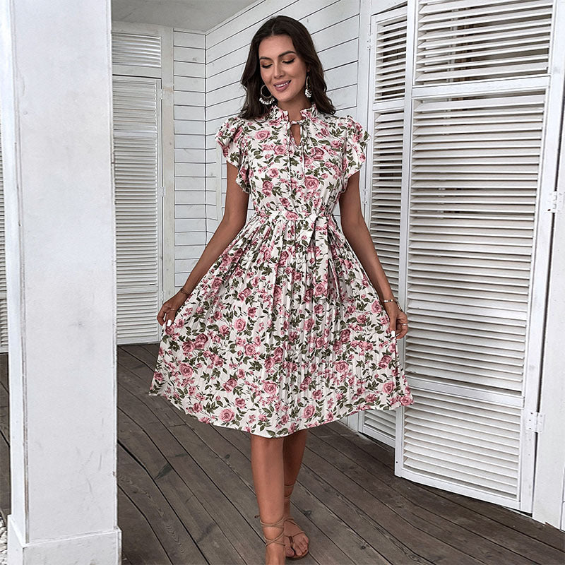 Robe plissée à fleurs et manches à volants, style européen et américain, à lacets
