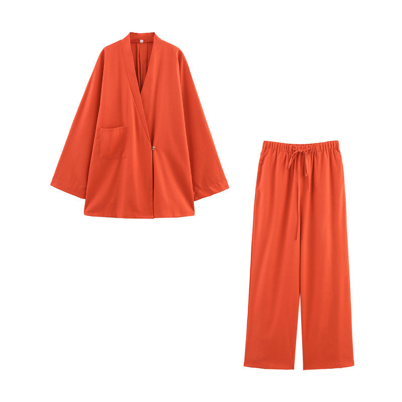 Two-color V-neck Single Button Coat Waist Wide Leg Trousers Two-piece Suit