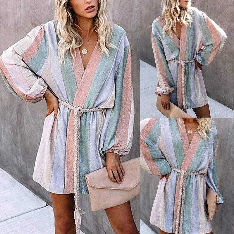 Printed Loose Belt Vertical Stripes Windbreaker Jacket