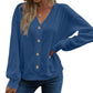 Women's Solid Color Buttons V-neck Loose Long-sleeved T-shirt