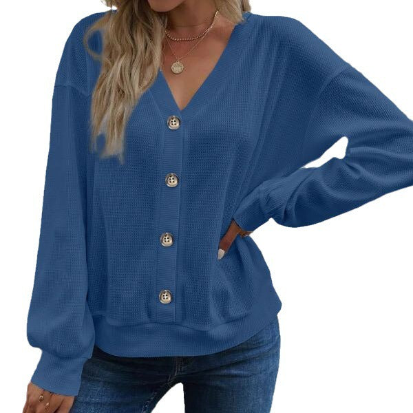 Women's Solid Color Buttons V-neck Loose Long-sleeved T-shirt