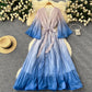 Waist Trimming Lace Up Loose V-neck Flared Sleeves Gradient Color Dress