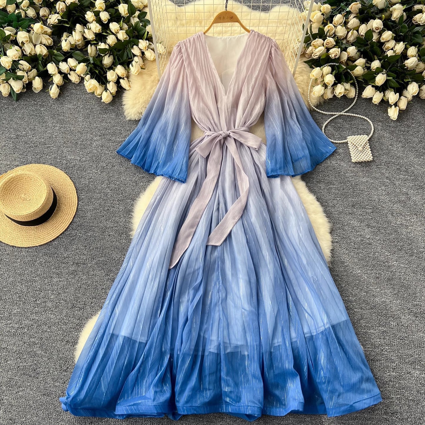 Waist Trimming Lace Up Loose V-neck Flared Sleeves Gradient Color Dress