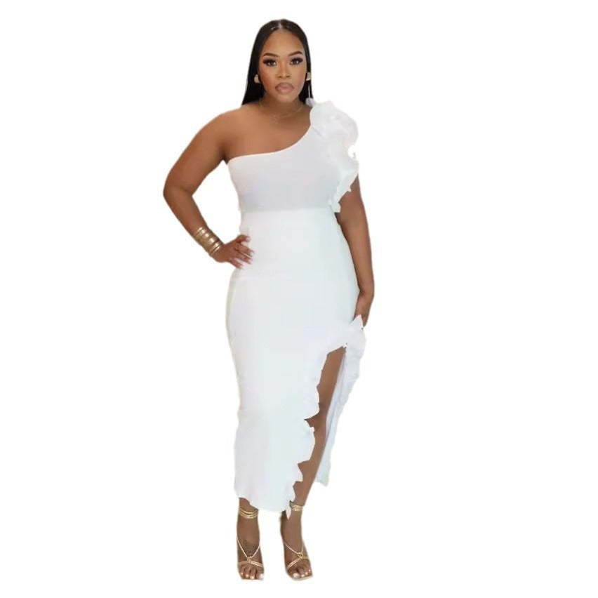 Ensemble robe longue à épaule unique, couleur unie, polyvalent et tendance, pour femme
