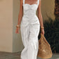Elegant Cotton-Linen Resort-Style Dress With Wide Straps And Ruffled Hem