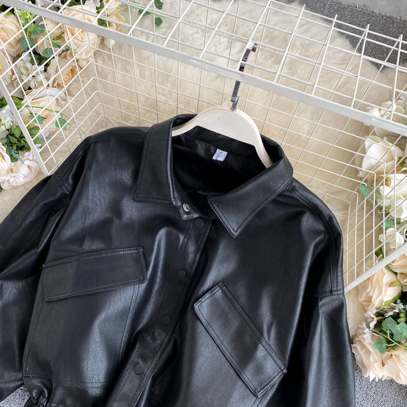 Veste ample en cuir style rétro coréen