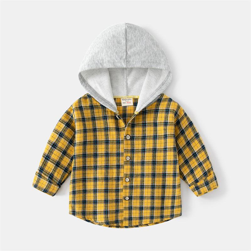 Korean Style Children's Long-sleeved Shirt Baby Plaid Hooded Shirt Trendy