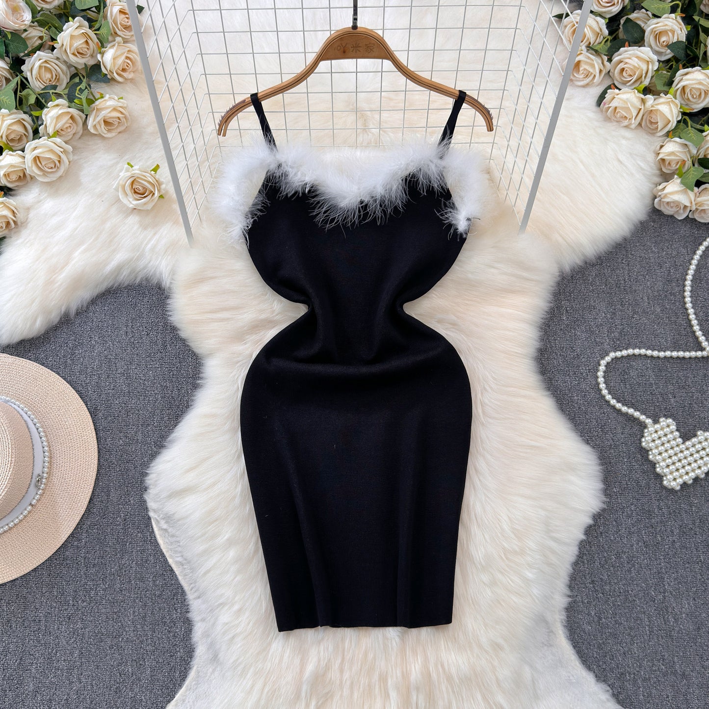 Furry Stitching Hip Base Sling Dress