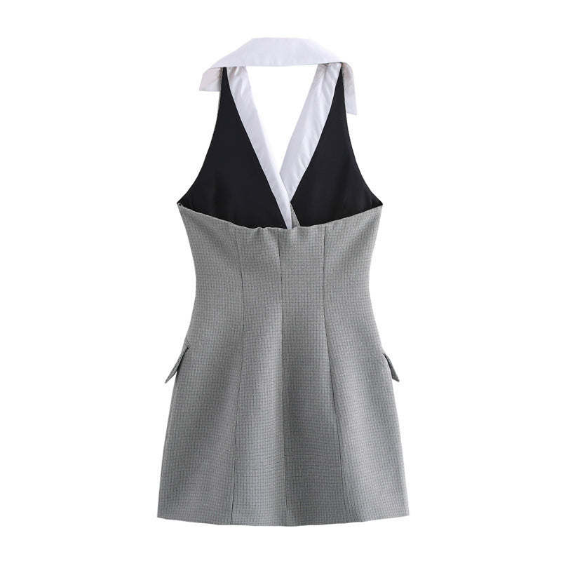 Double Breasted Sleeveless Hanging Collar Dress