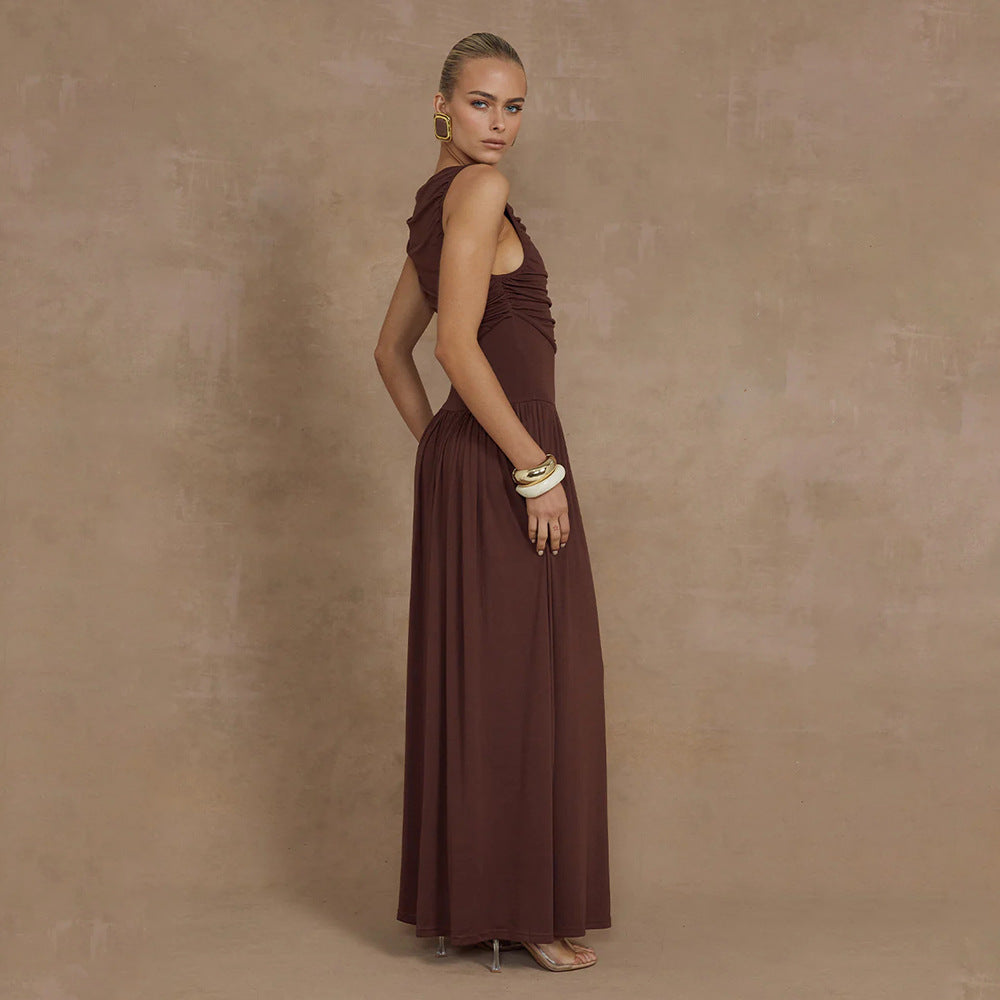 Sleeveless Pleated Slim Solid Color Dress