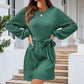 European And American Belt Long Sleeve Twist Knitted Dress Puff Sleeve