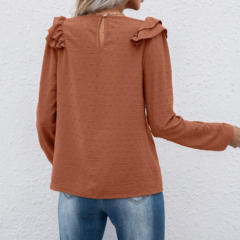 Dot Jacquard Long-sleeved Round Neck Pullover Shirt