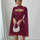 Round-neck Ribbed Pearl Chiffon Cape Bodycon Dress