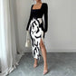 Fashionable Printed Slim-Fit Long-Sleeve Slit Dress