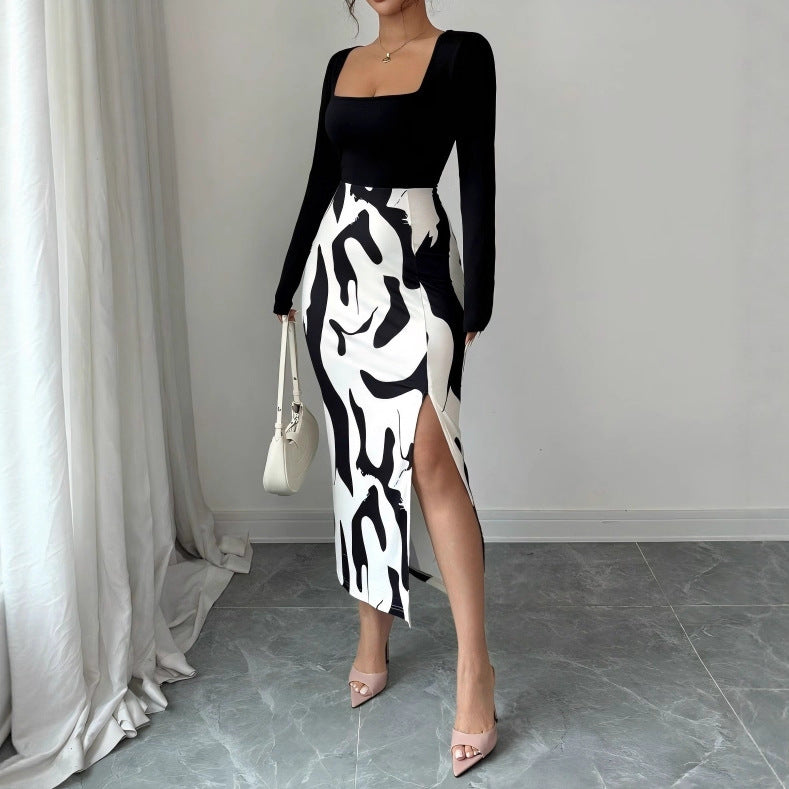 Fashionable Printed Slim-Fit Long-Sleeve Slit Dress