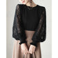 Sheer Yarn Flower Embroidered Sleeve Patchwork Knitting Bottoming Shirt
