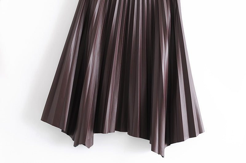 High Waist Pleated PU Leather Hem Irregular Skirt