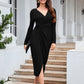 Solid Color V-neck Waist-controlled Slimming Split Long Sleeve Dress