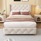 Upholstered Bed,Single Bed-3ft  90x190cm ,With Slatted Frame And Headboard, Button Upholstery, Rivet Upholstery, Wooden Legs, Linen, Beige