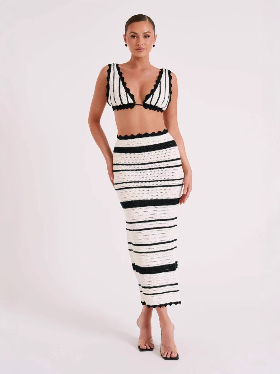 Knitted Spaghetti Straps Chest Wrap Top And Skirt Suit