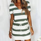Striped Print Short-sleeved Dresses Summer Fashion V-neck Drawstring Design Short Dress Beach Womens Clothing
