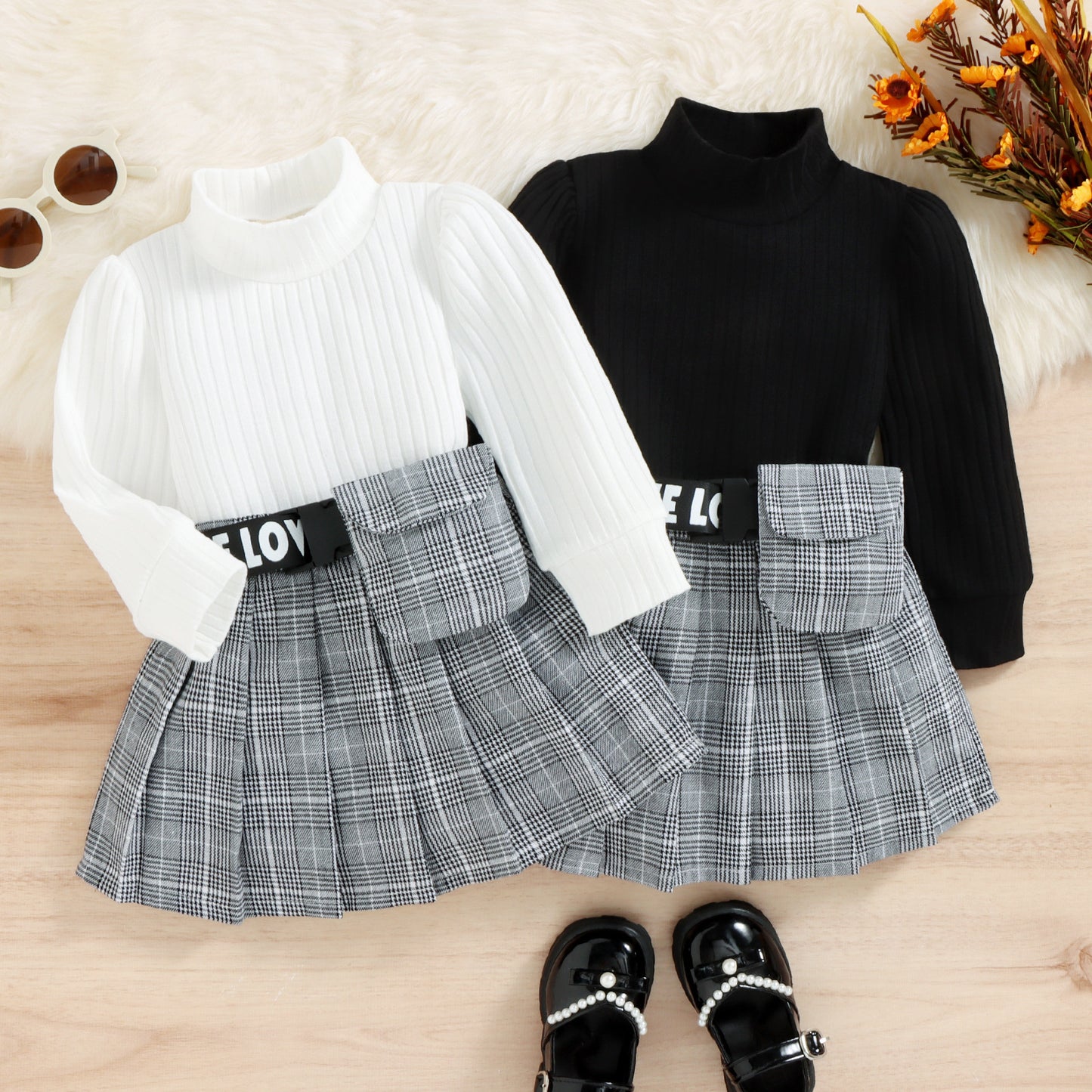 Costume à carreaux style coréen pour enfants, automne-hiver, haut à col roulé et rayures en coton
