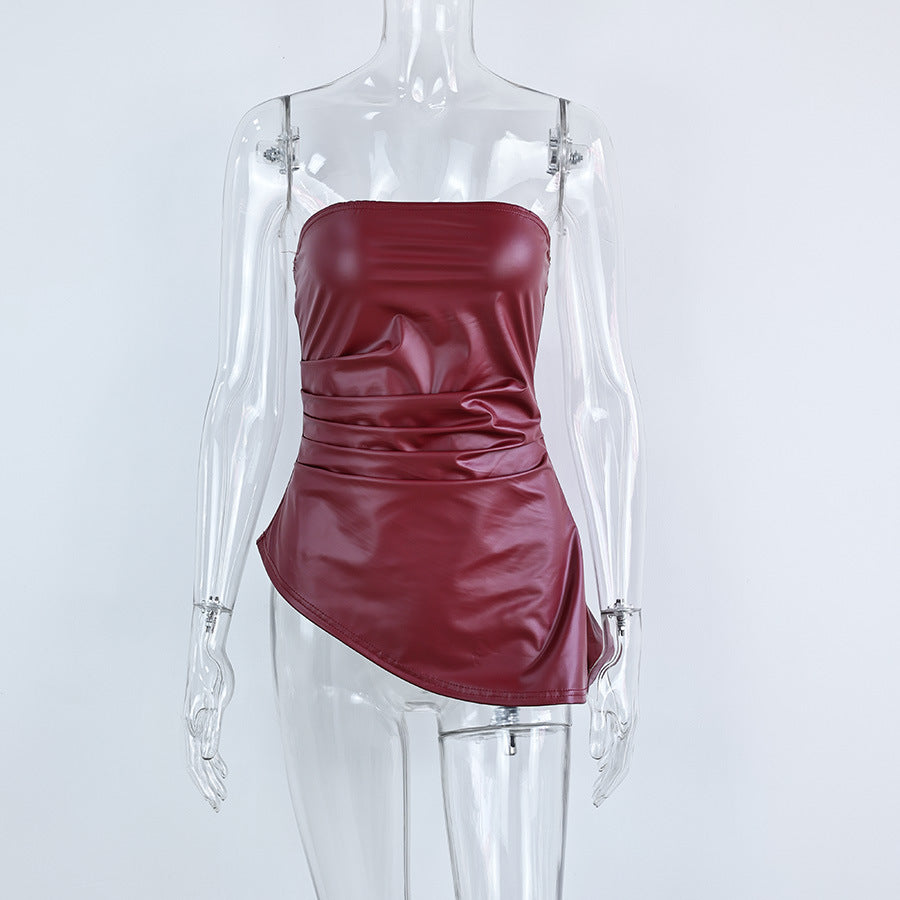 Solid Color Versatile Strapless Leather Jacket