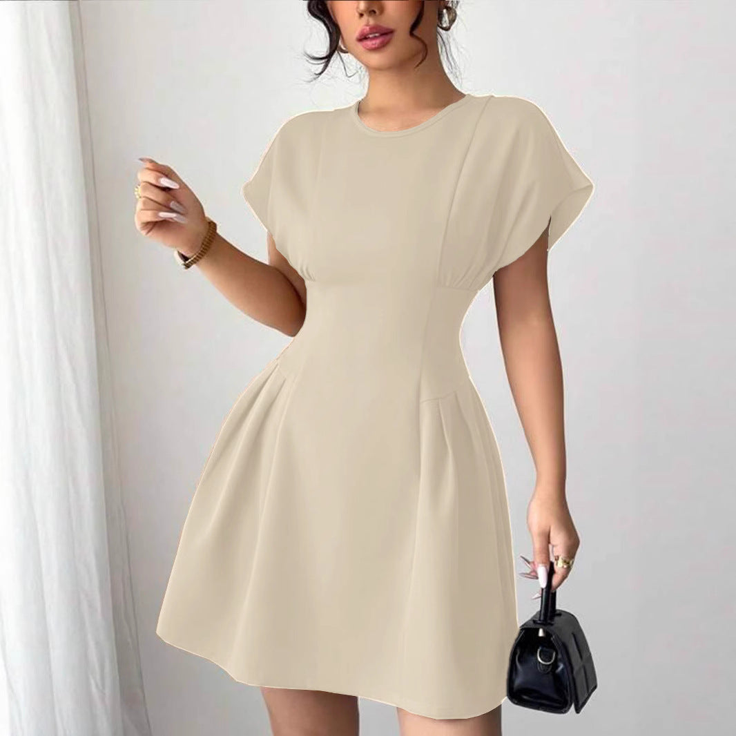 New Elegant Slim-fit Simple Waist-tie Solid Color High-waist Dress