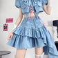 Puff Sleeve Short Coat Lace-up Sling Top High Waist Irregular Skirt Suit