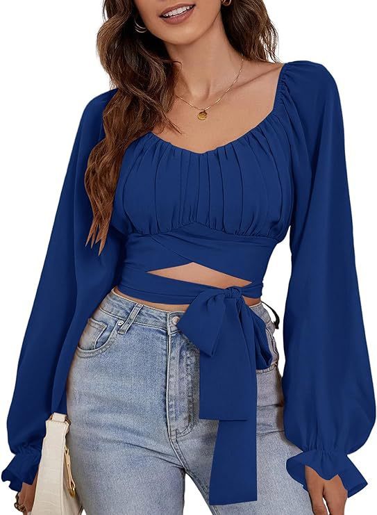 Top Women's Exposed Navel Lantern Sleeve Off-the-shoulder Collar