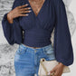 V-neck Sleeve Solid Color Pleated Women's Long-sleeved Top