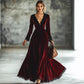 Retro V-neck Lace-seam Long-sleeve Maxi Dress