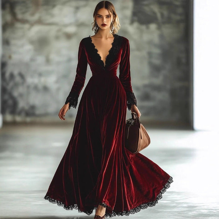 Retro V-neck Lace-seam Long-sleeve Maxi Dress