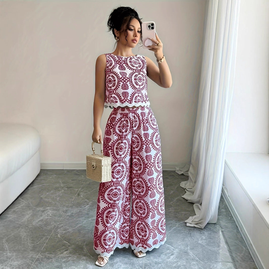 Plant-patterned Crew-neck Sleeveless Top And Wide-leg Pants Set With A Printed Design