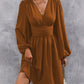 Women's Diagonal Collar Lantern Sleeve Smocking Pleated Waist Dress