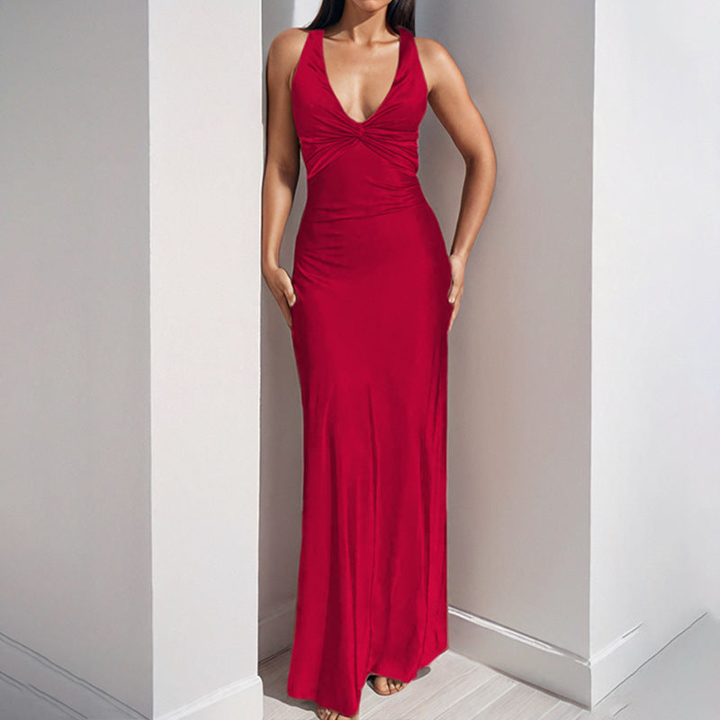 V-neck Pleated Slim Fit Slimming Graceful And Fashionable Dress