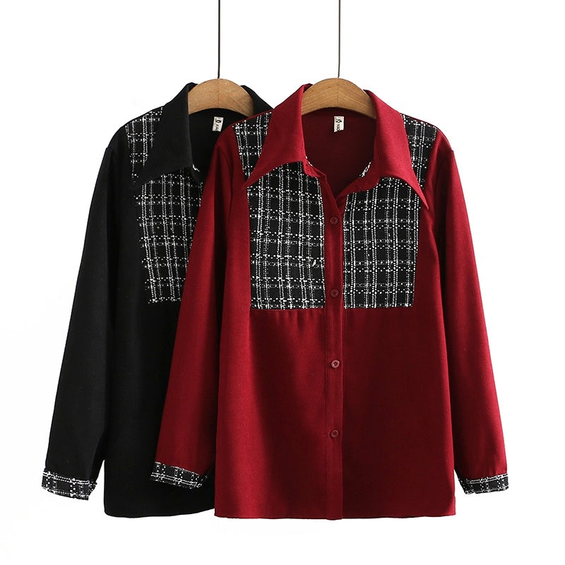 Women's Loose And Thin Plaid Stitching Base Long-sleeved Shirt