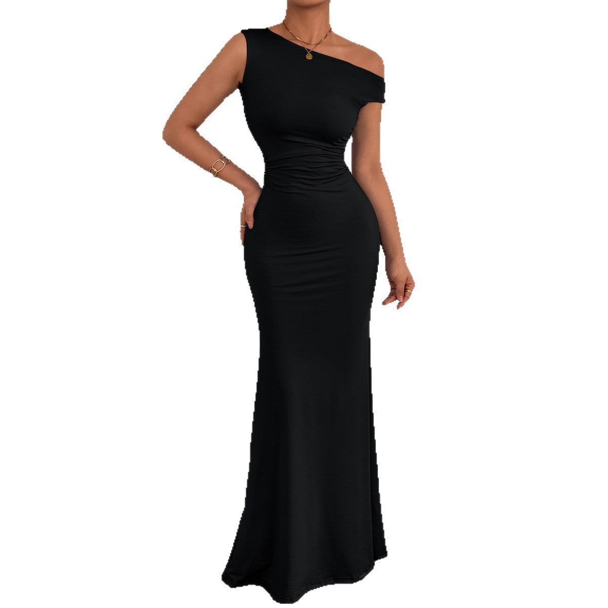 Off-the-shoulder Waist Pleated Sleeveless Dress