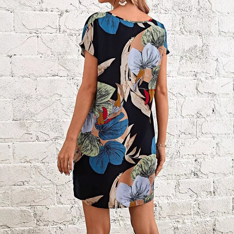 Robe imprimée à manches courtes et col en V pour femme