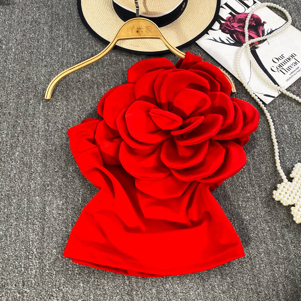Pure Desire Three-dimensional Large Flower Diagonal Collar One-shoulder Top