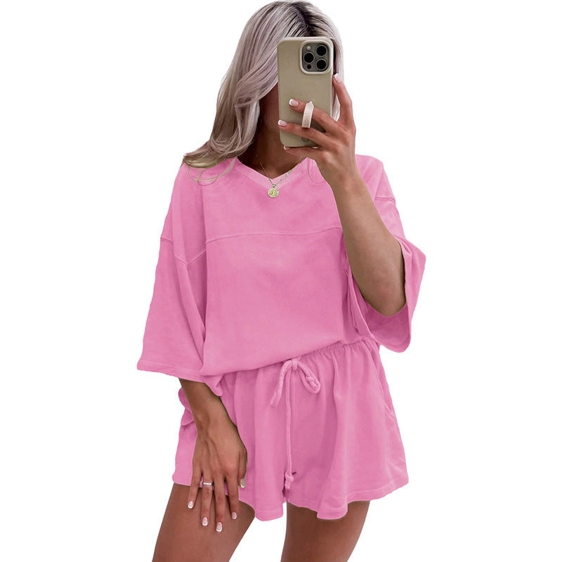 Spring And Summer New Solid Color Short Sleeve Two-piece Set