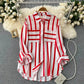 Mid-length Vertical Stripes Multi-color Shirt Coat Casual Loose Top