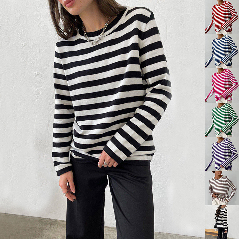Pull rayé à manches longues en tricot, pull polyvalent, vêtements pour femmes