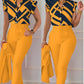 Ensemble haut et pantalon imprimé à manches volantées et ceinture, couleur unie