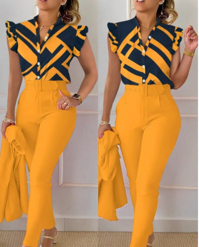 Ensemble haut et pantalon imprimé à manches volantées et ceinture, couleur unie